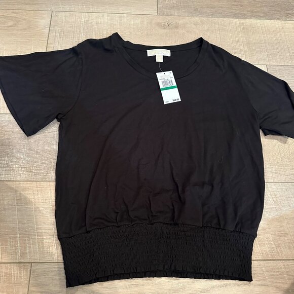 Michael Michael Kors Womens Black Short Sleeve Smocked Hem Top Size L - Picture 1 of 10
